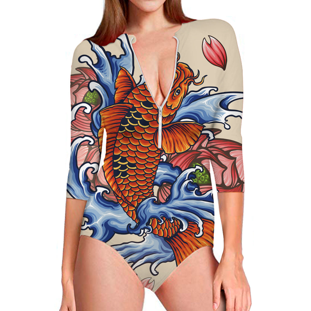 Japanese Koi Fish Tattoo Print Long Sleeve Swimsuit