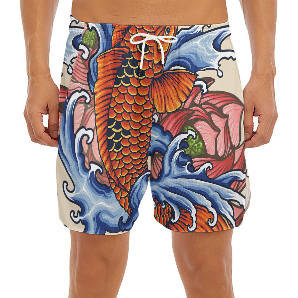 Japanese Koi Fish Tattoo Print Men's Split Running Shorts