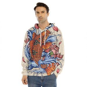 Japanese Koi Fish Tattoo Print Men's Velvet Pullover Hoodie