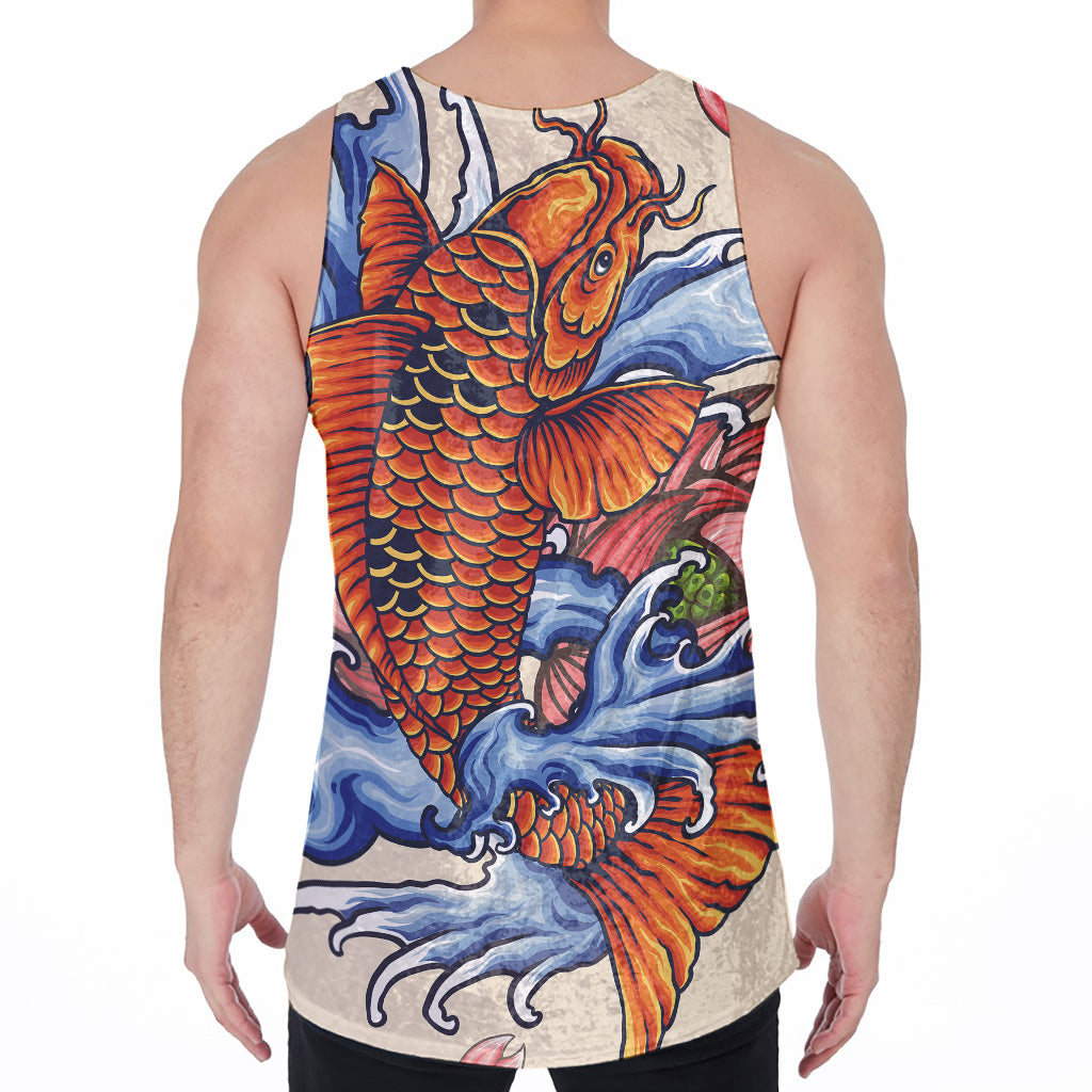 Japanese Koi Fish Tattoo Print Men's Velvet Tank Top