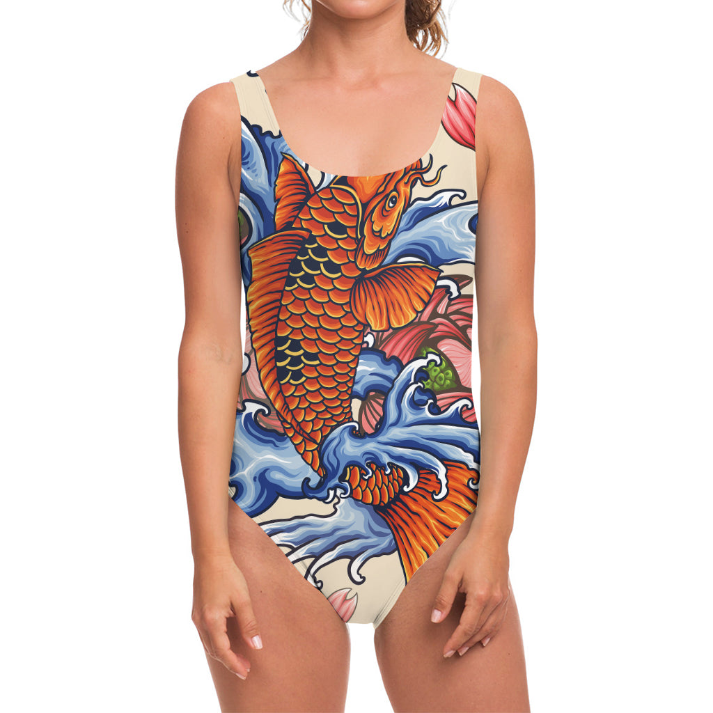 Japanese Koi Fish Tattoo Print One Piece Swimsuit