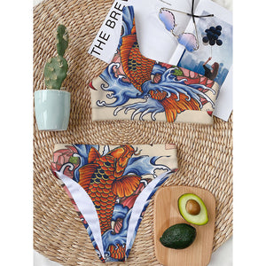 Japanese Koi Fish Tattoo Print One Shoulder Bikini Top