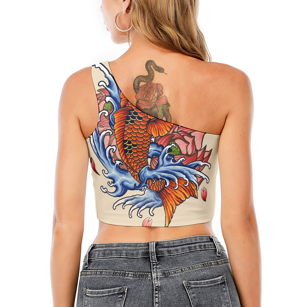 Japanese Koi Fish Tattoo Print One Shoulder Crop Top