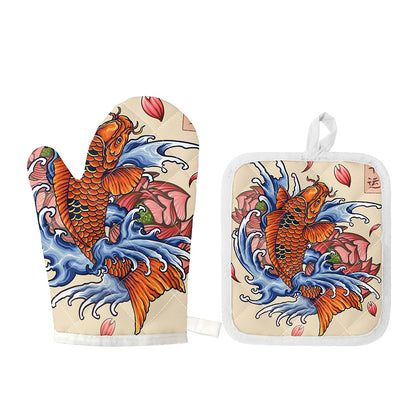 Japanese Koi Fish Tattoo Print Oven Mitt And Pot Holder Set