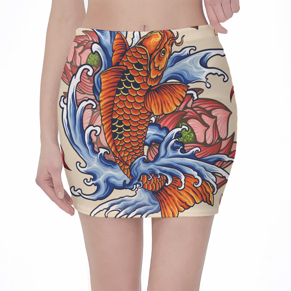 Japanese Koi Fish Tattoo Print Pencil Mini Skirt