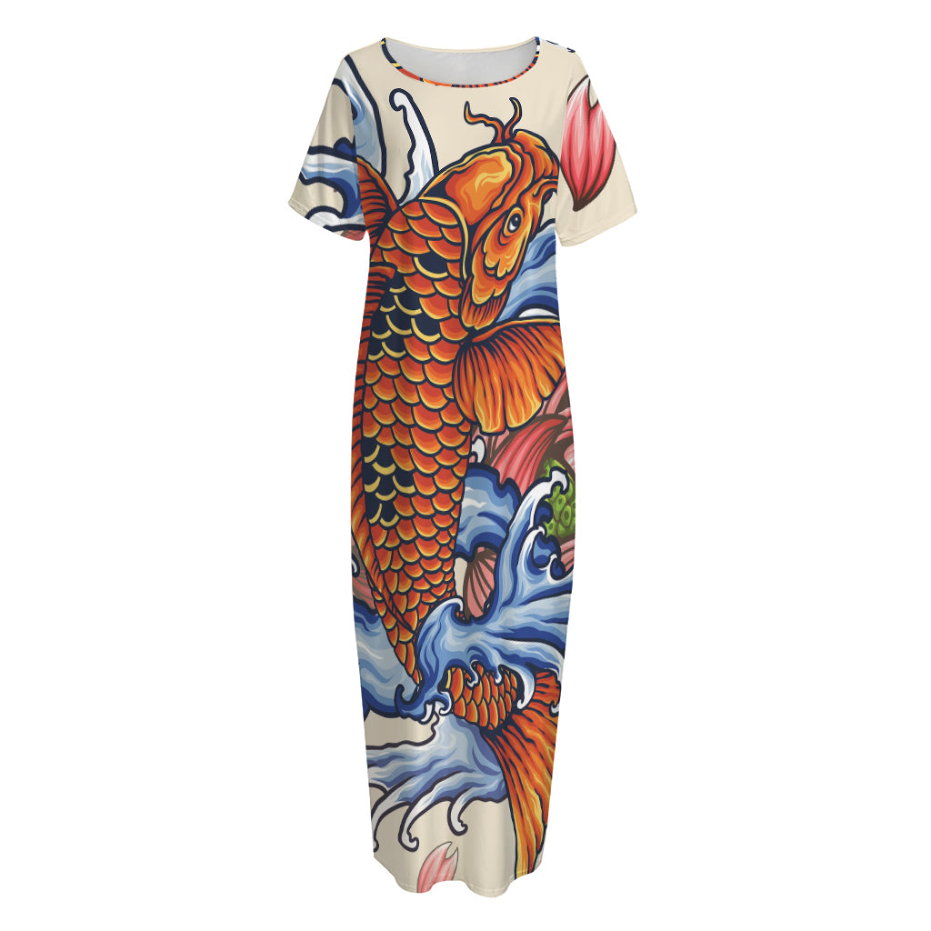 Japanese Koi Fish Tattoo Print Short Sleeve Long Nightdress