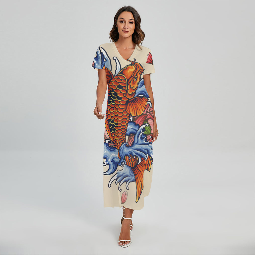 Japanese Koi Fish Tattoo Print Short Sleeve Maxi Dress