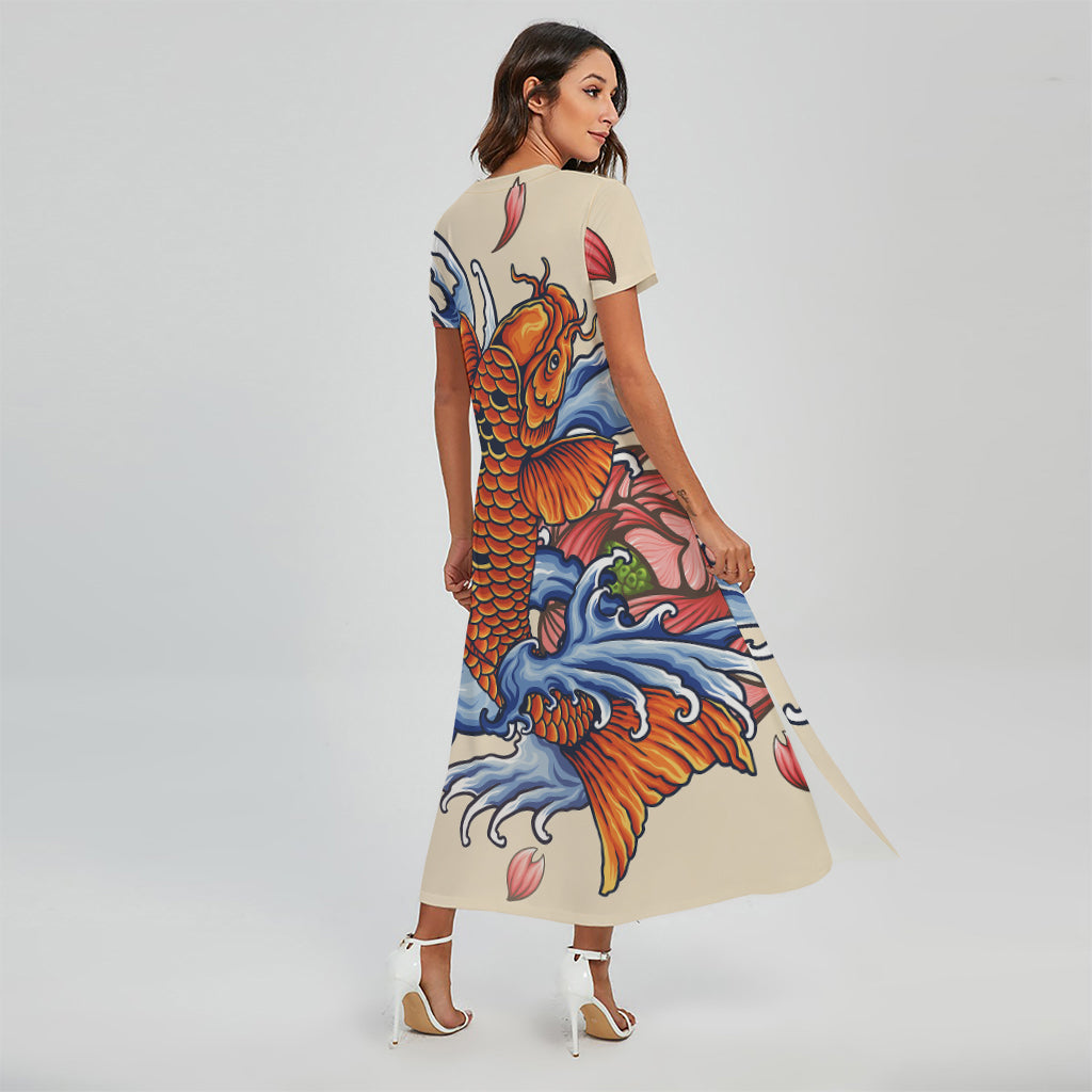 Japanese Koi Fish Tattoo Print Short Sleeve Maxi Dress