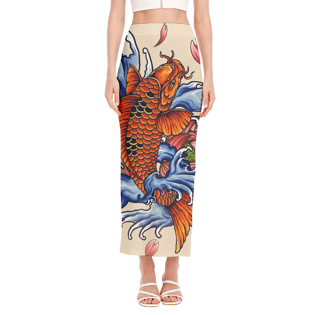 Japanese Koi Fish Tattoo Print Side Slit Maxi Skirt