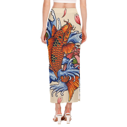 Japanese Koi Fish Tattoo Print Side Slit Maxi Skirt