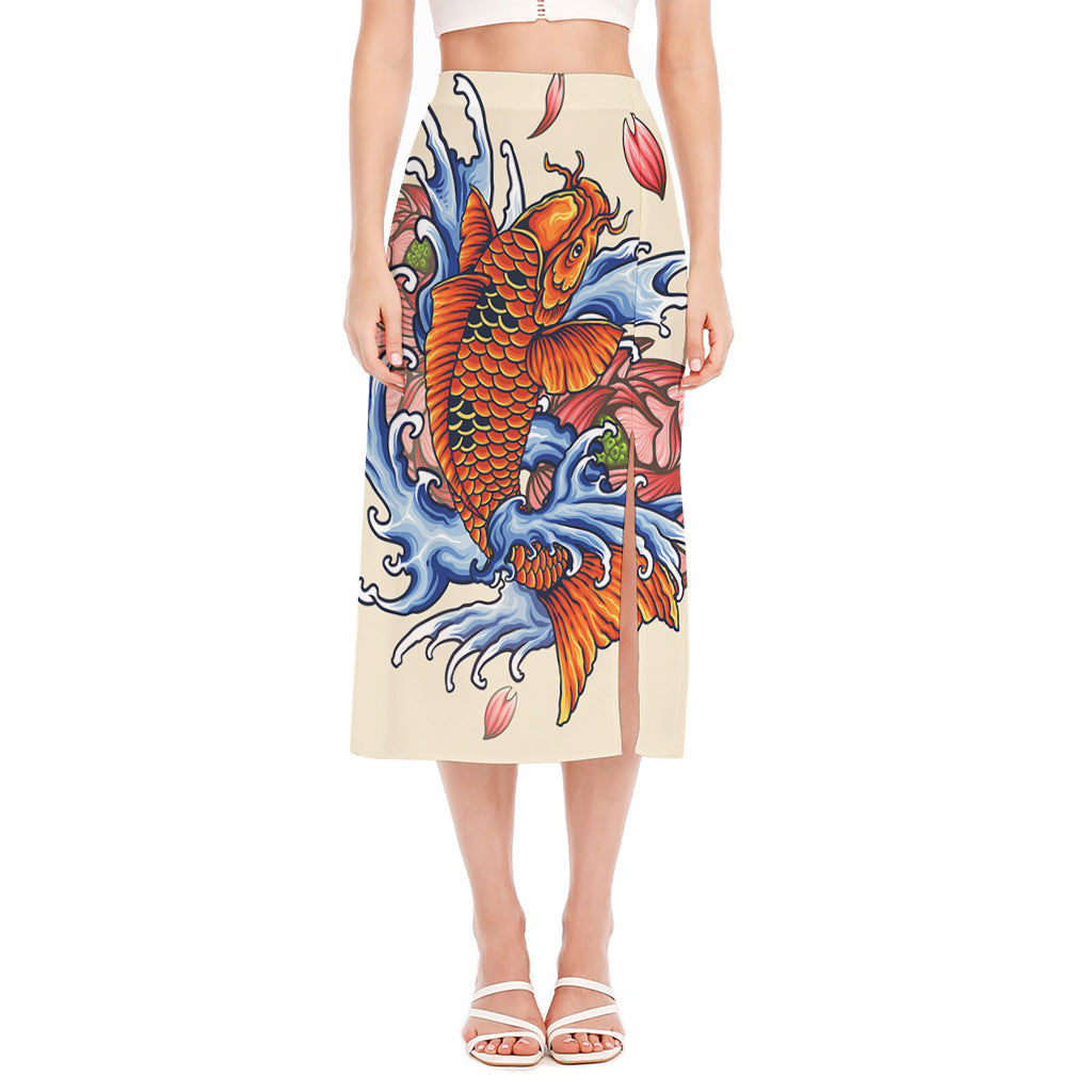 Japanese Koi Fish Tattoo Print Side Slit Midi Skirt