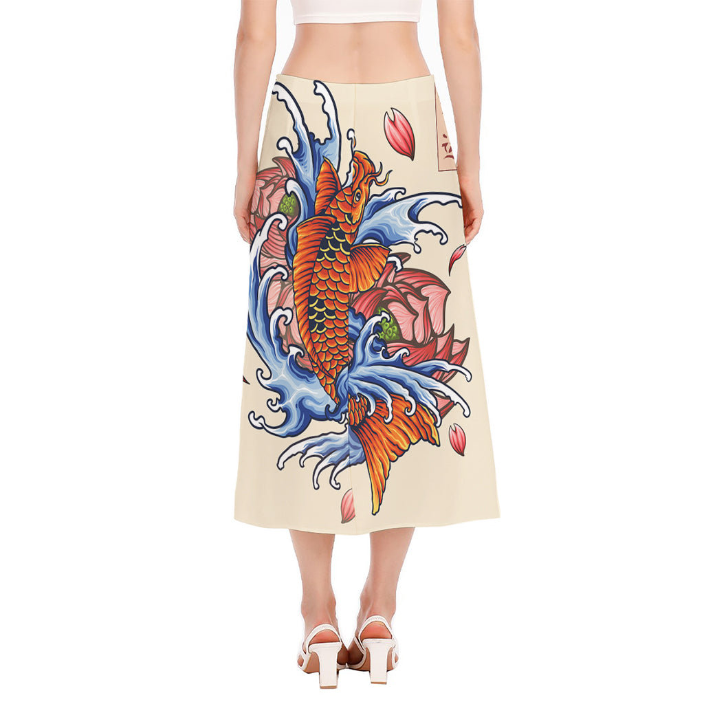 Japanese Koi Fish Tattoo Print Side Slit Midi Skirt