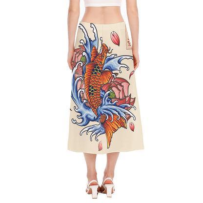 Japanese Koi Fish Tattoo Print Side Slit Midi Skirt