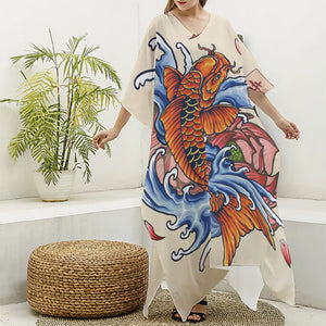 Japanese Koi Fish Tattoo Print Silk V-Neck Kaftan Dress