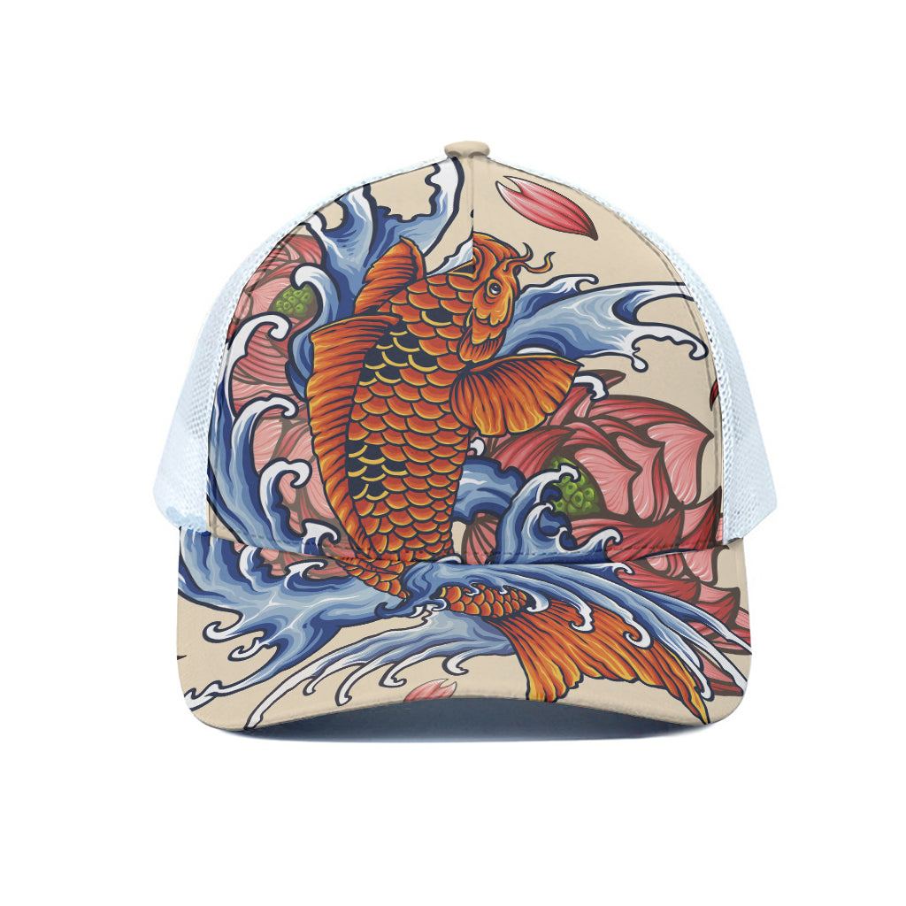 Japanese Koi Fish Tattoo Print White Mesh Trucker Cap