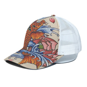 Japanese Koi Fish Tattoo Print White Mesh Trucker Cap