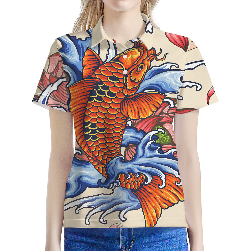 Japanese Koi Fish Tattoo Print Women's Polo Shirt