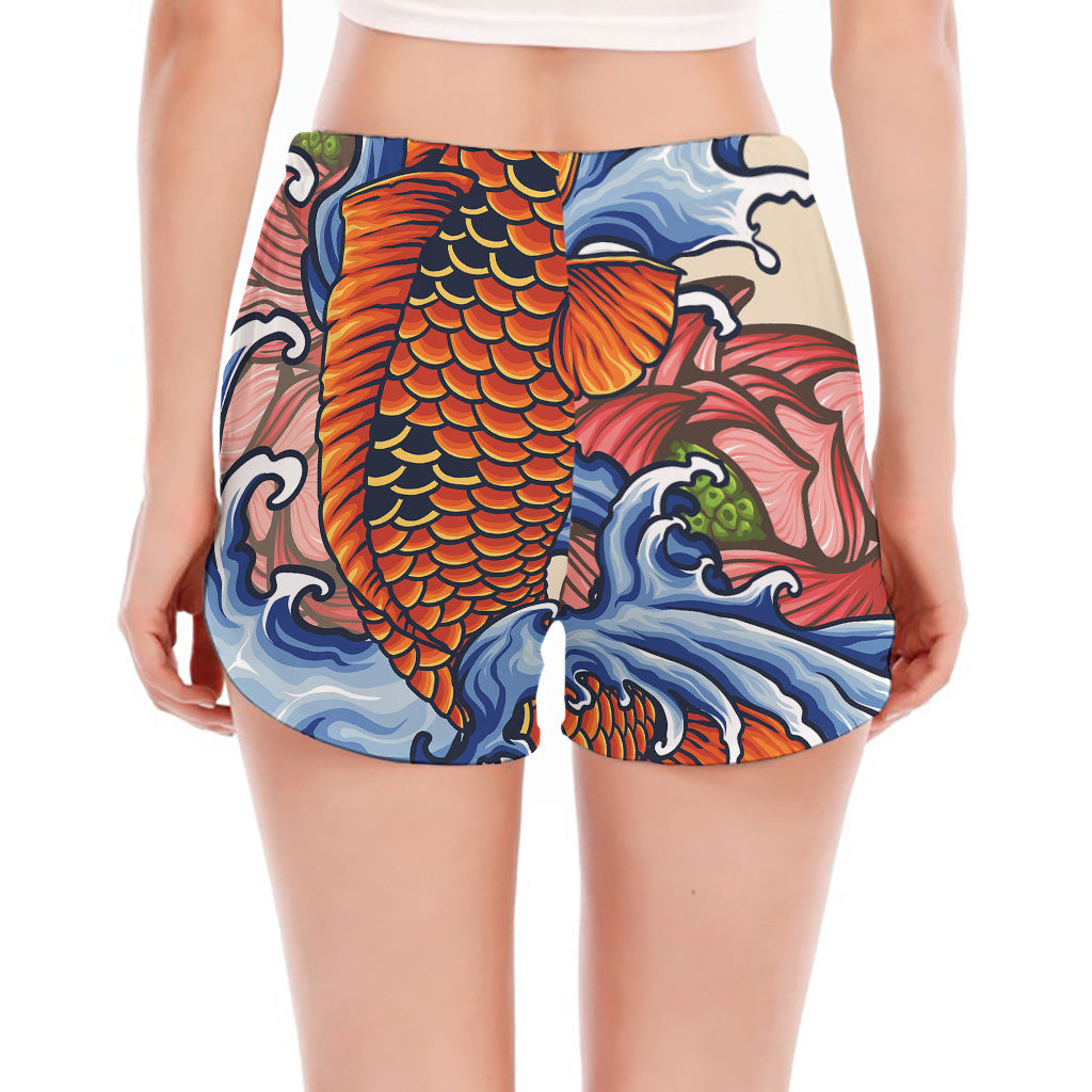 Japanese Koi Fish Tattoo Print Women's Split Running Shorts