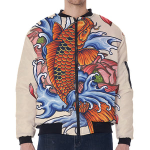 Japanese Koi Fish Tattoo Print Zip Sleeve Bomber Jacket