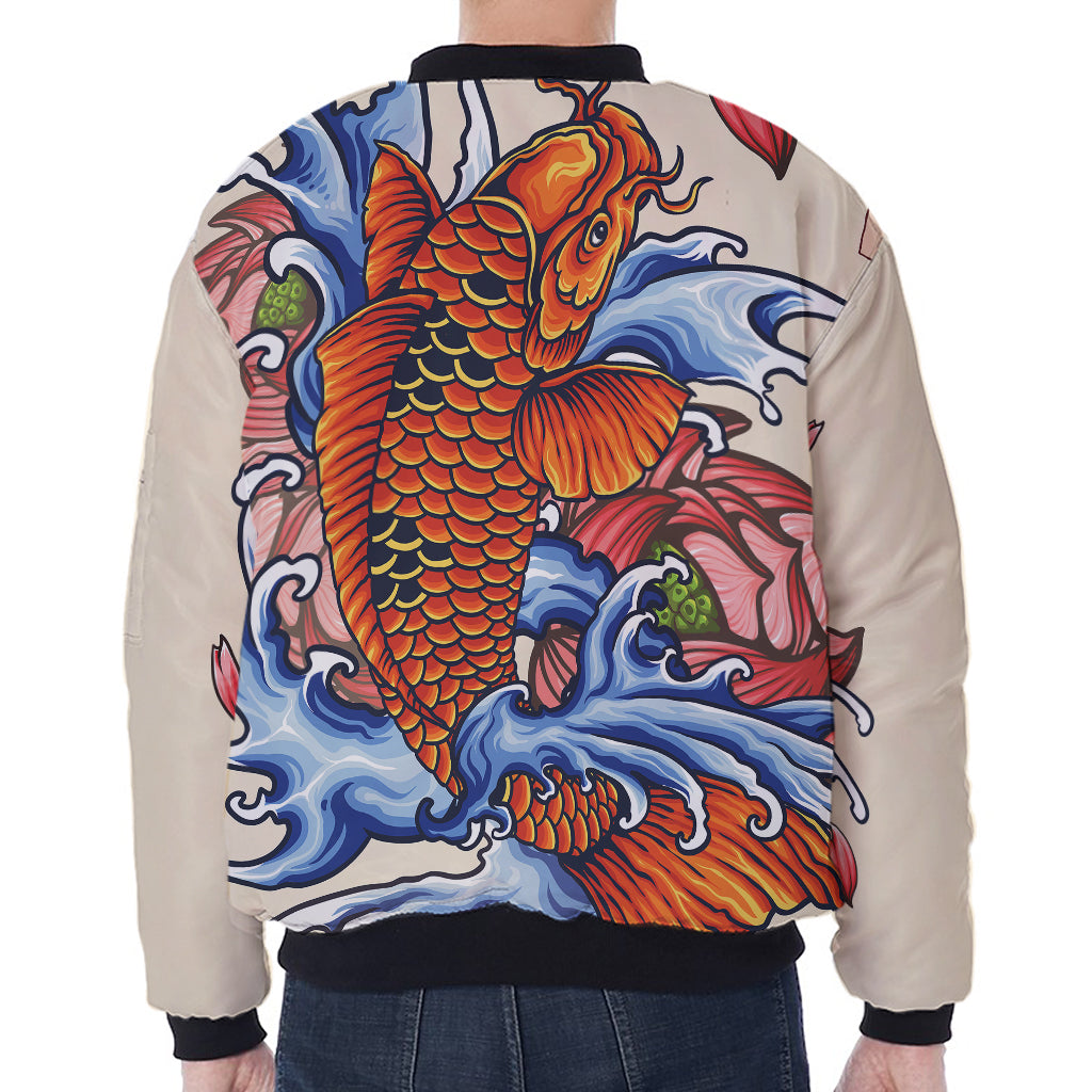 Japanese Koi Fish Tattoo Print Zip Sleeve Bomber Jacket