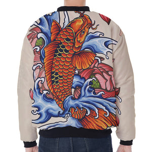 Japanese Koi Fish Tattoo Print Zip Sleeve Bomber Jacket