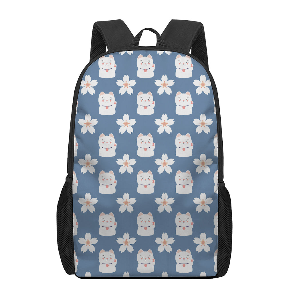 Japanese Lucky Cat And Sakura Print 17 Inch Backpack