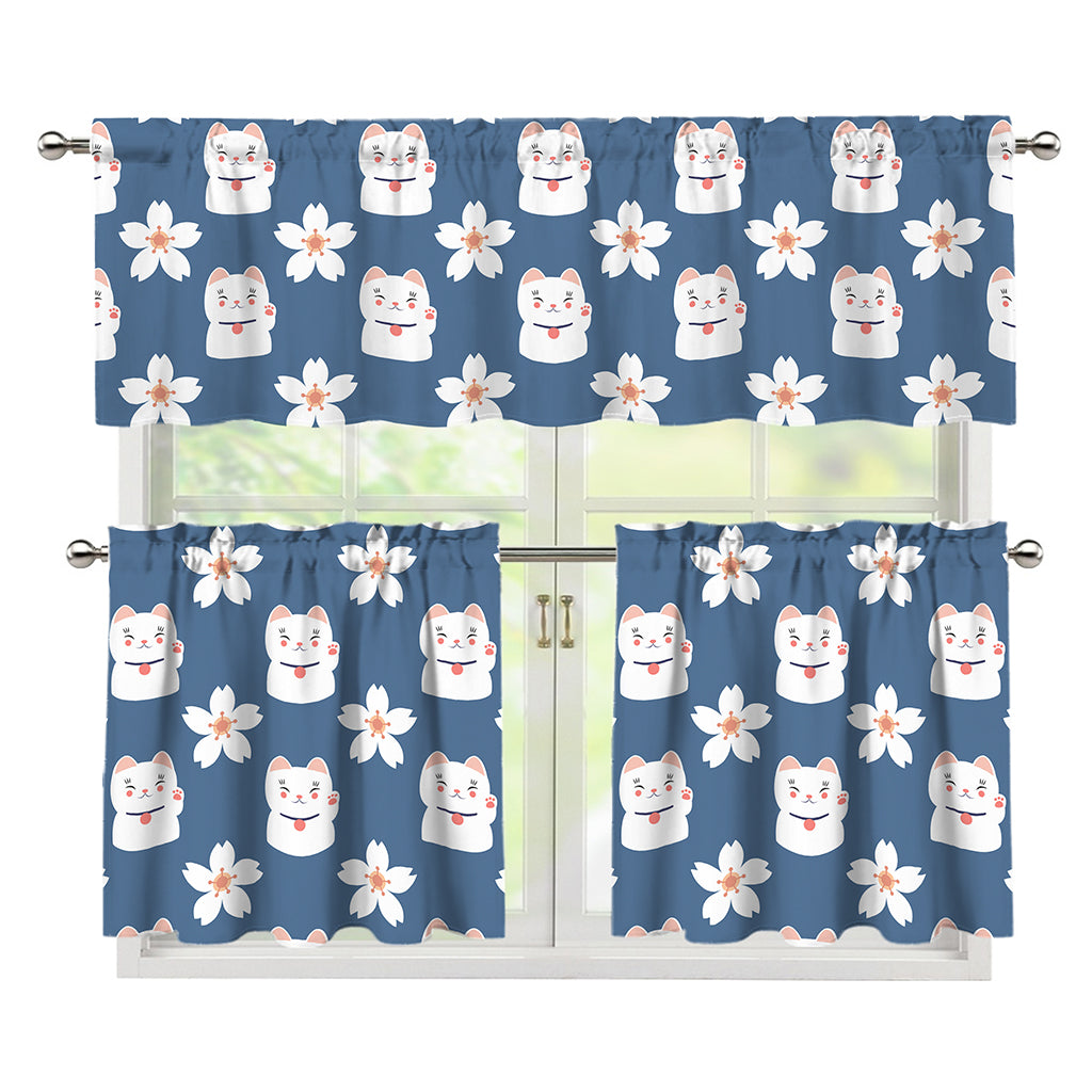 Japanese Lucky Cat And Sakura Print 3 Piece Kitchen Curtains