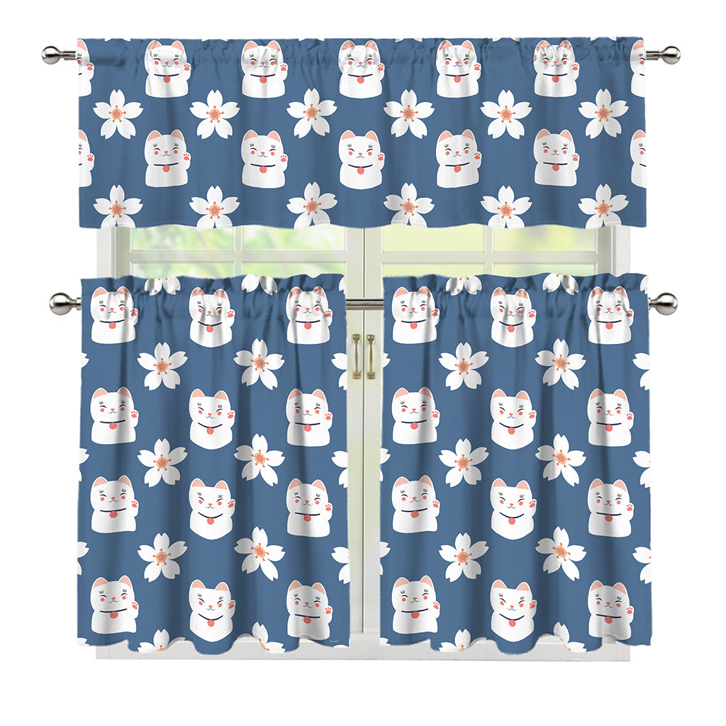 Japanese Lucky Cat And Sakura Print 3 Piece Kitchen Curtains
