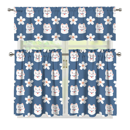 Japanese Lucky Cat And Sakura Print 3 Piece Kitchen Curtains