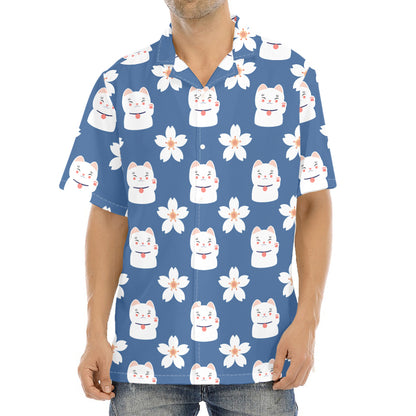 Japanese Lucky Cat And Sakura Print Aloha Shirt