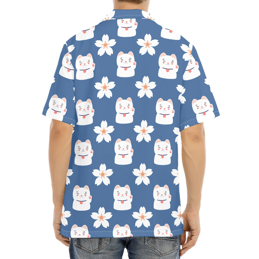 Japanese Lucky Cat And Sakura Print Aloha Shirt