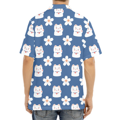 Japanese Lucky Cat And Sakura Print Aloha Shirt