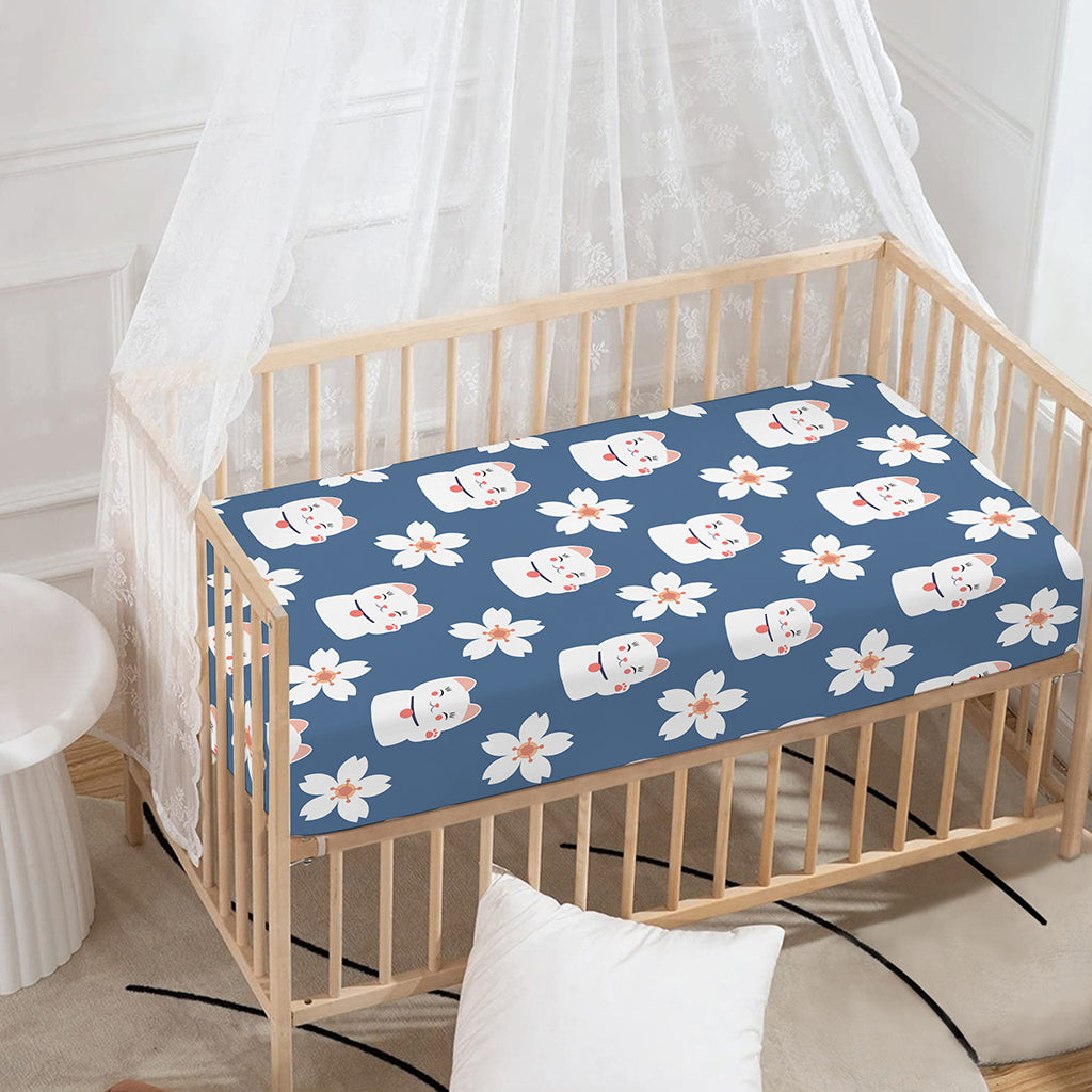 Japanese Lucky Cat And Sakura Print Baby Crib Sheet