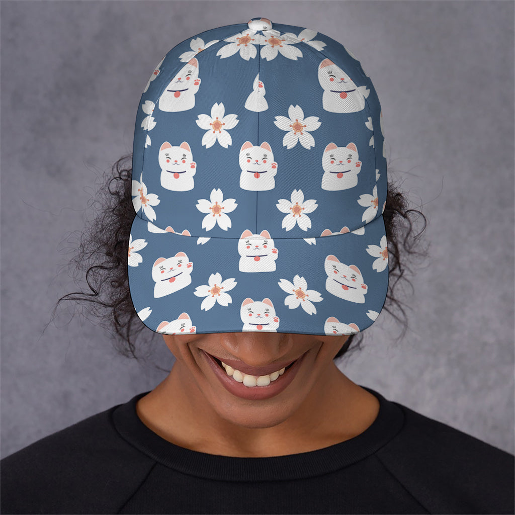 Japanese Lucky Cat And Sakura Print Baseball Cap