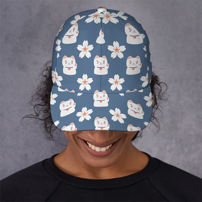 Japanese Lucky Cat And Sakura Print Baseball Cap