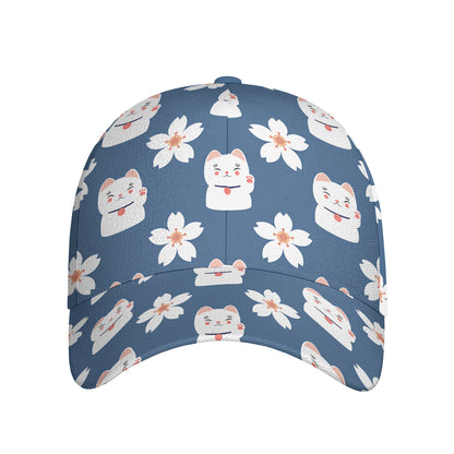 Japanese Lucky Cat And Sakura Print Baseball Cap