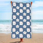 Japanese Lucky Cat And Sakura Print Beach Towel