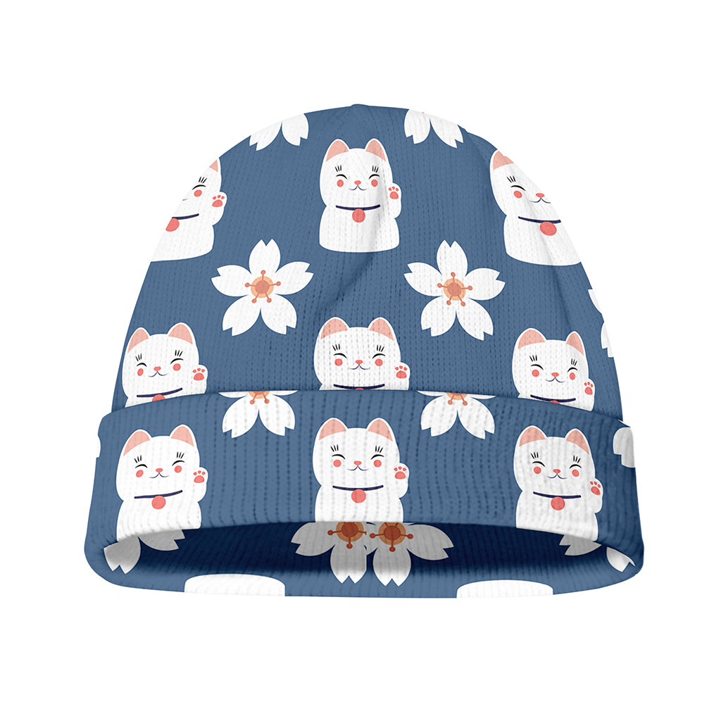 Japanese Lucky Cat And Sakura Print Beanie