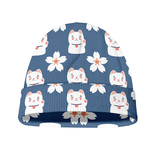 Japanese Lucky Cat And Sakura Print Beanie