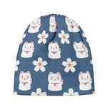 Japanese Lucky Cat And Sakura Print Beanie