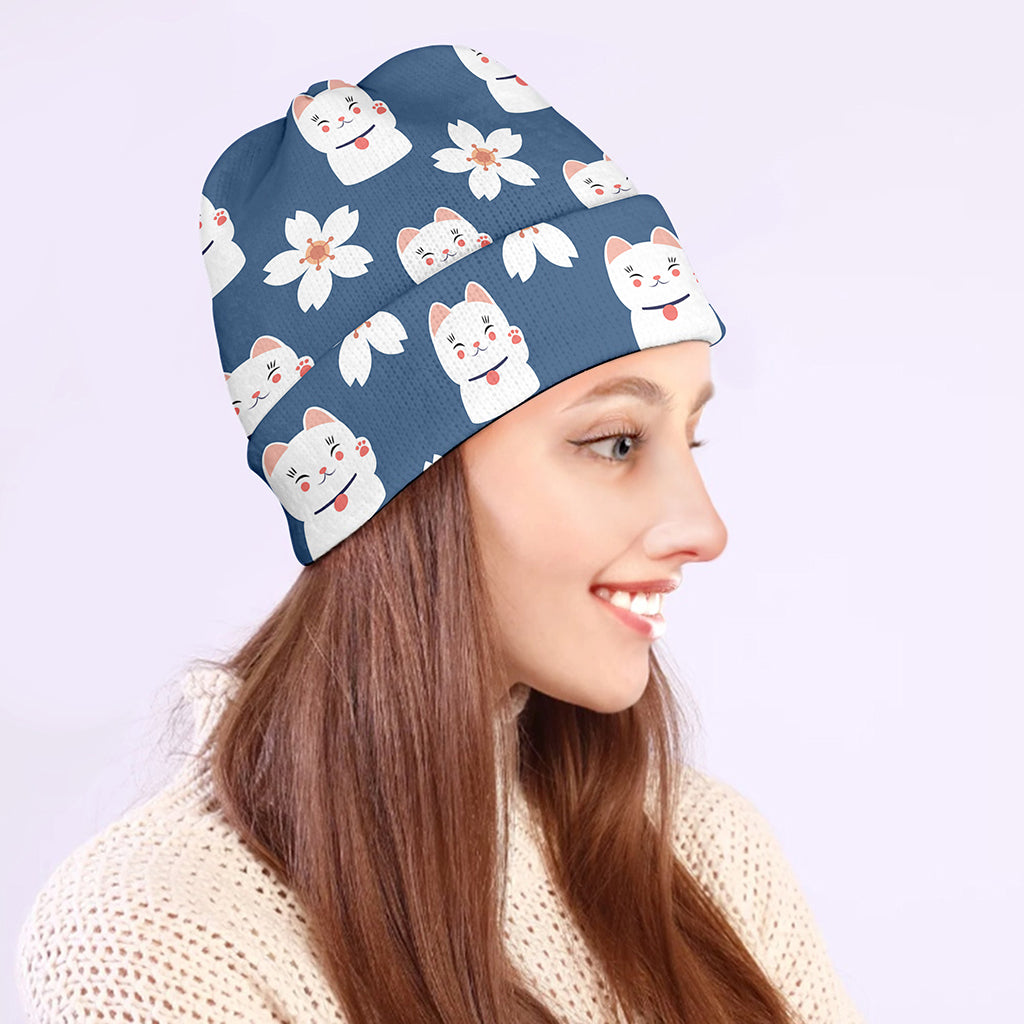 Japanese Lucky Cat And Sakura Print Beanie