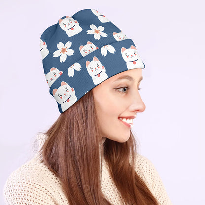 Japanese Lucky Cat And Sakura Print Beanie