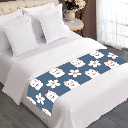 Japanese Lucky Cat And Sakura Print Bed Runner
