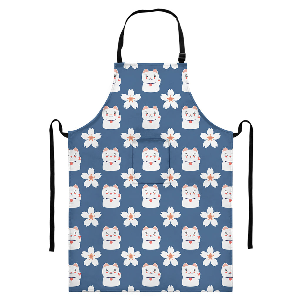 Japanese Lucky Cat And Sakura Print Bib Apron With Pocket