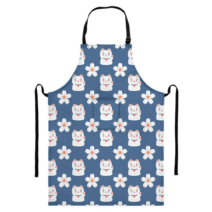 Japanese Lucky Cat And Sakura Print Bib Apron With Pocket