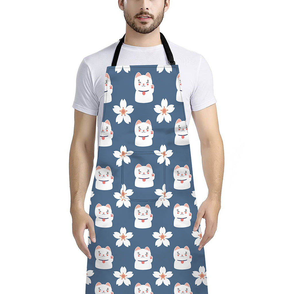 Japanese Lucky Cat And Sakura Print Bib Apron With Pocket