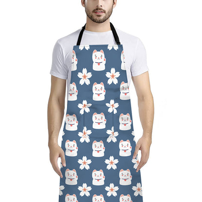 Japanese Lucky Cat And Sakura Print Bib Apron With Pocket