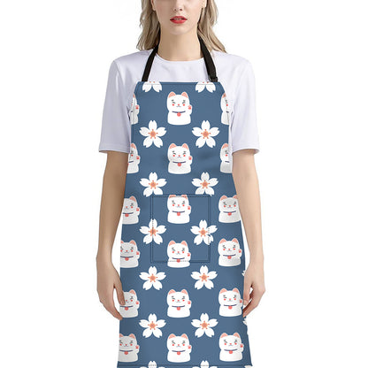 Japanese Lucky Cat And Sakura Print Bib Apron With Pocket