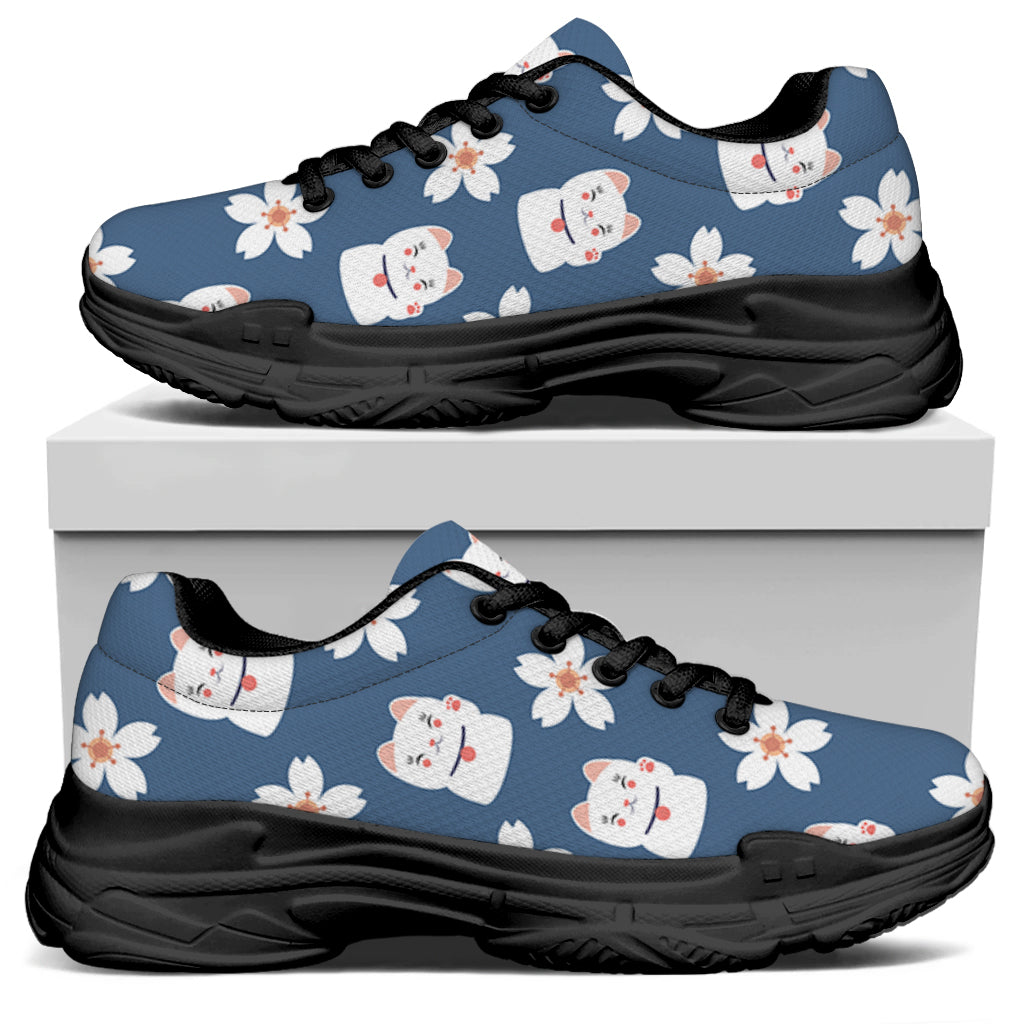 Japanese Lucky Cat And Sakura Print Black Chunky Shoes