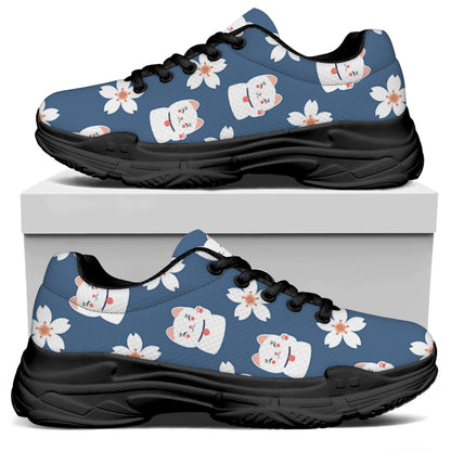 Japanese Lucky Cat And Sakura Print Black Chunky Shoes
